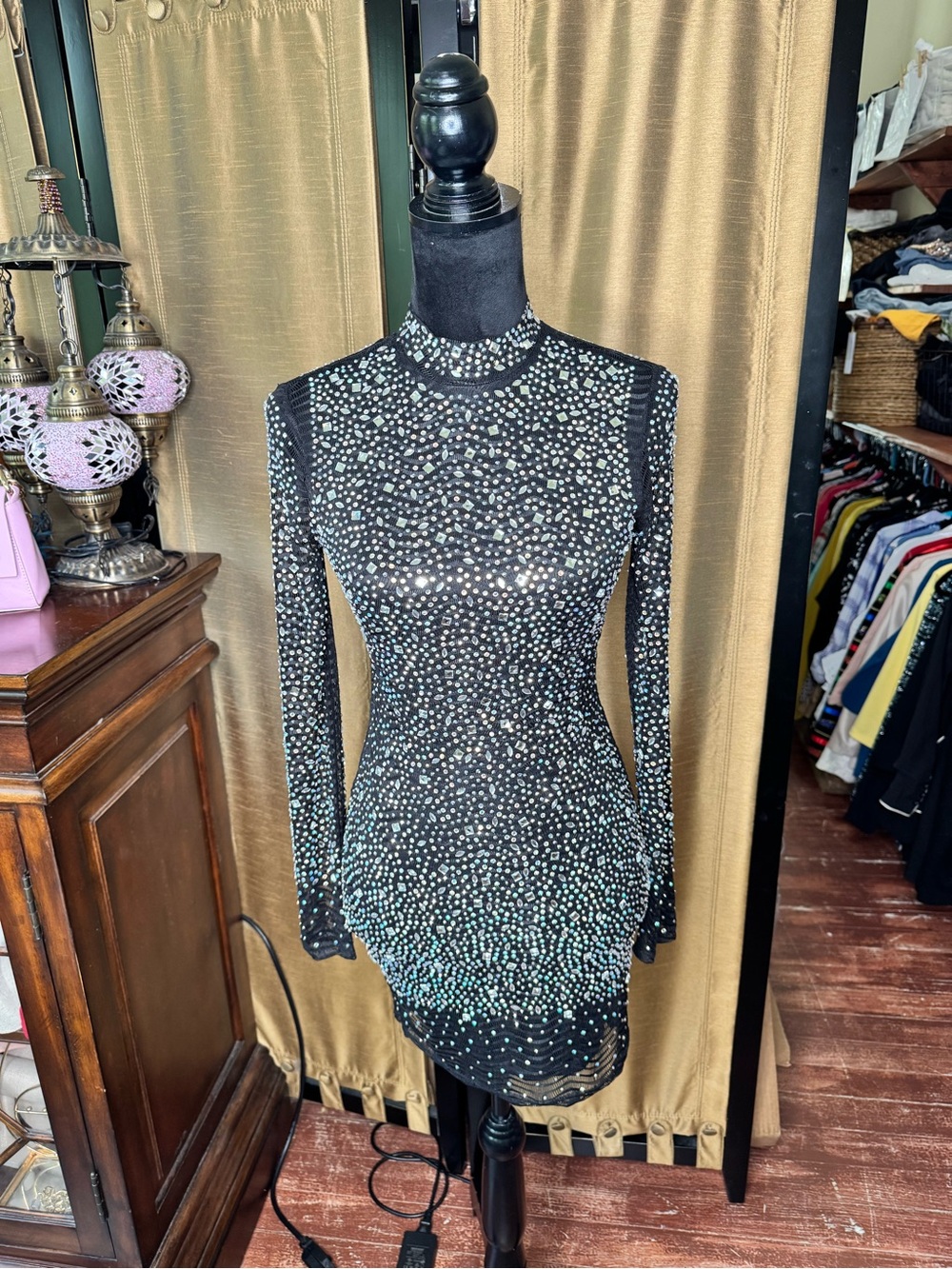 Nova Black Rhinestone Mesh Bodycon Mini Dress Size Small Party Club - Picture 2 of 9